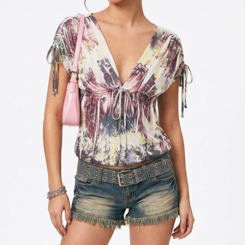 Rhapsody Y2K Empire Waist Knit V-Neck Tunic Top Cinched Grunge Size Medium